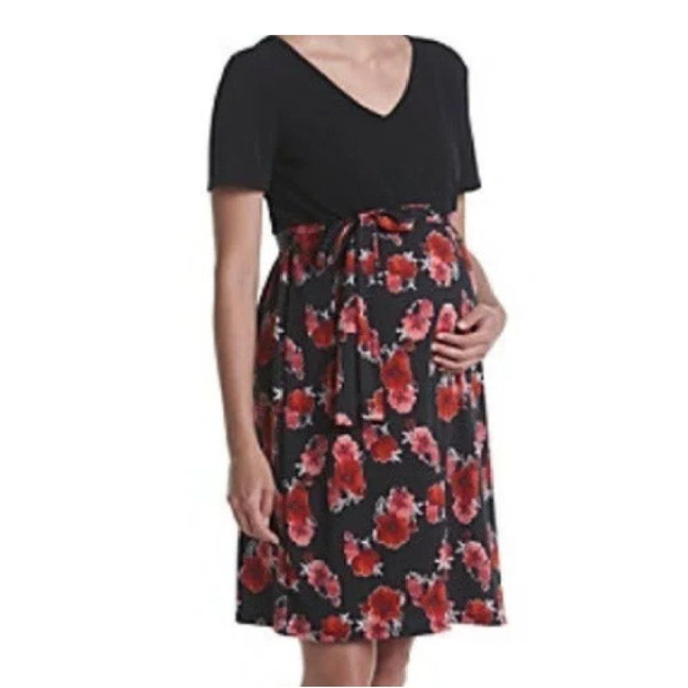 Ma Cherie Maternity Dress Xl Black With Red Floral Skirt And Tie Sash Belt